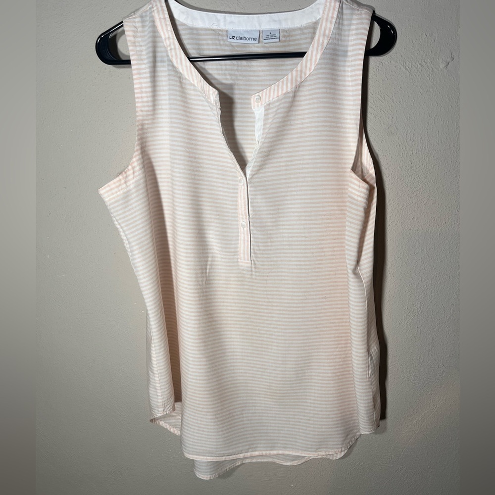 Liz Claiborne Sleeveless Blouse Button Placket Peach and White Horizontal stripe